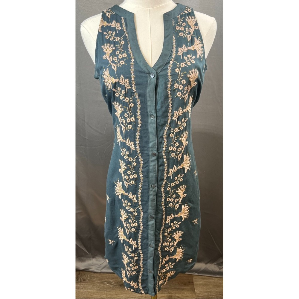Anthropologie TINY Embroidered Floral Button Front V Neck Dress Blue XS 30175T